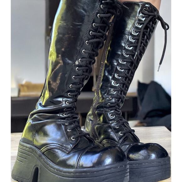 Y2K 90s Candies Platform Black Lace Up Boots Chunky Goth Combat 8.5 Steampunk - Picture 1 of 14
